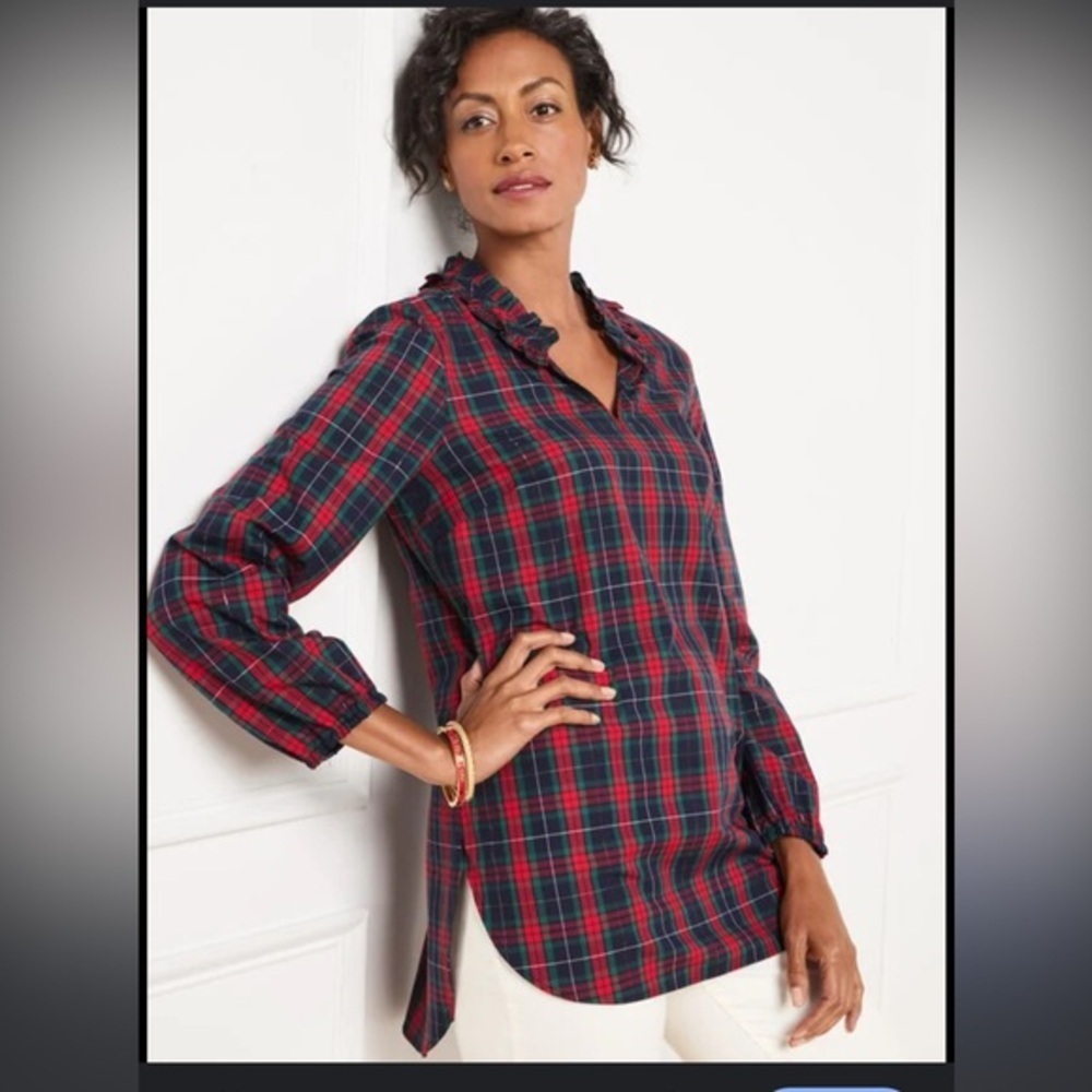 Talbots ruffle neck tunic in Magic Plaid small